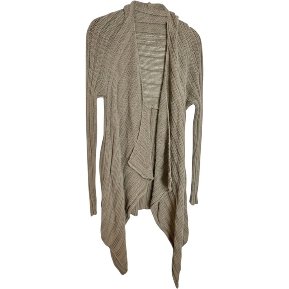 Eileen Fisher Womens Large Taupe Ribbed Knit Waterfall Cardigan Made in USA